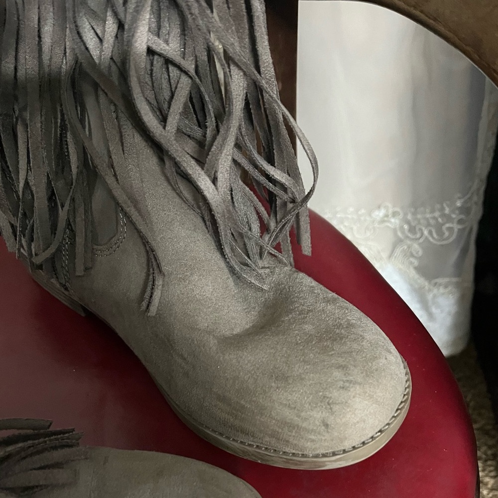 Tall Gray Ruffle Boots - Picture 2 of 4
